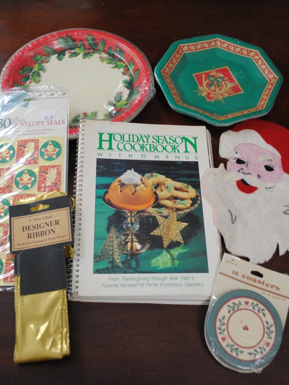 Lot of Vintage Christmas Decor & NOS Paper Plates, Coasters & Holiday Cookbook